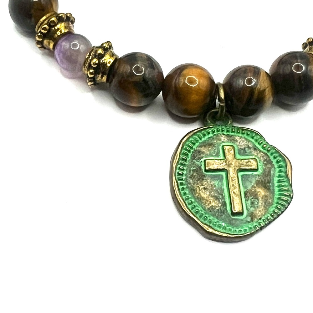 Gold and Brown Beaded Bracelet with Cross Pendant